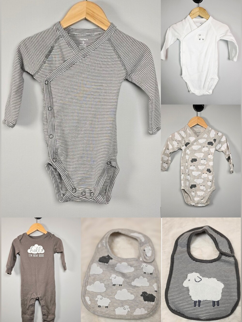 Carter's Grey & White Sheep Jumper, Bib and Bodysuit Set - 6 Piece Bundle Cotton